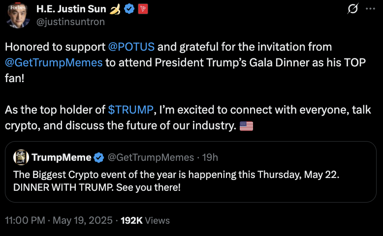 Justin Sun, Trump’ın memecoin yemeğine en büyük yatırımcı olarak katılıyor