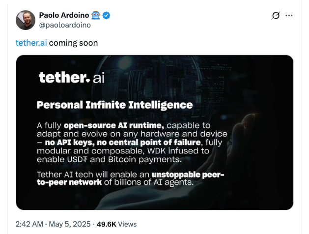 Tether’in yeni AI platformu Bitcoin ve USDT ödemelerini destekleyecek