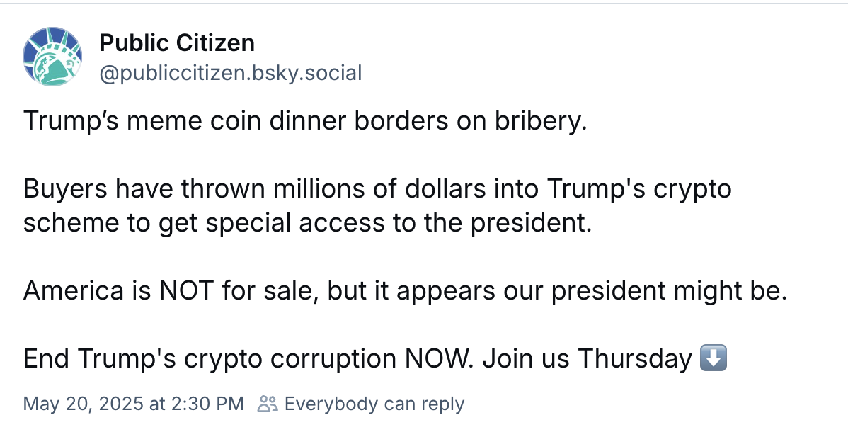 Trump’ın memecoin yemeği protestoları tetikledi — Kripto yasaları geri çekiliyor