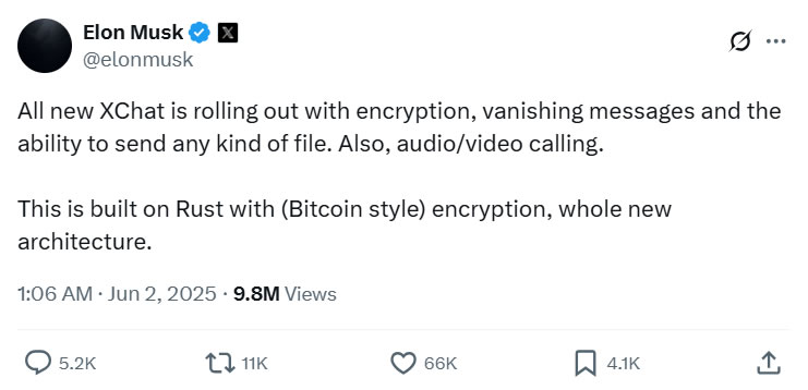 Elon Musk, Bitcoin tarzı şifrelemeye sahip XChat mesajlaşmasını duyurdu