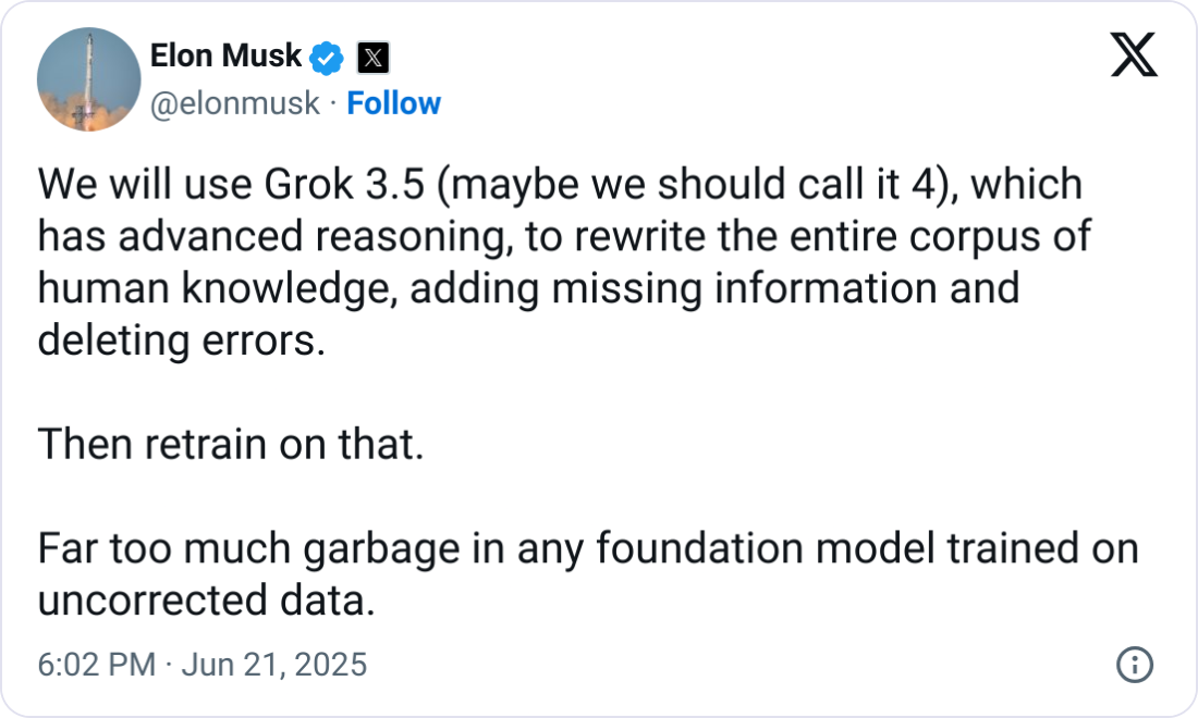 Elon Musk “çöpten arındırılmış” verilerle Grok’u yeniden yazmak istiyor