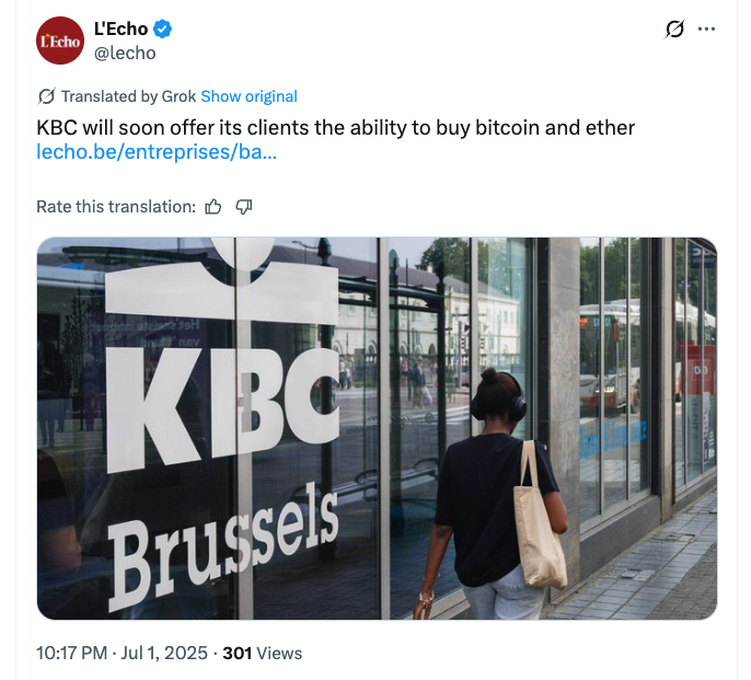 Belçikalı banka bireysel müşterilerine Bitcoin ve Ether sunacak