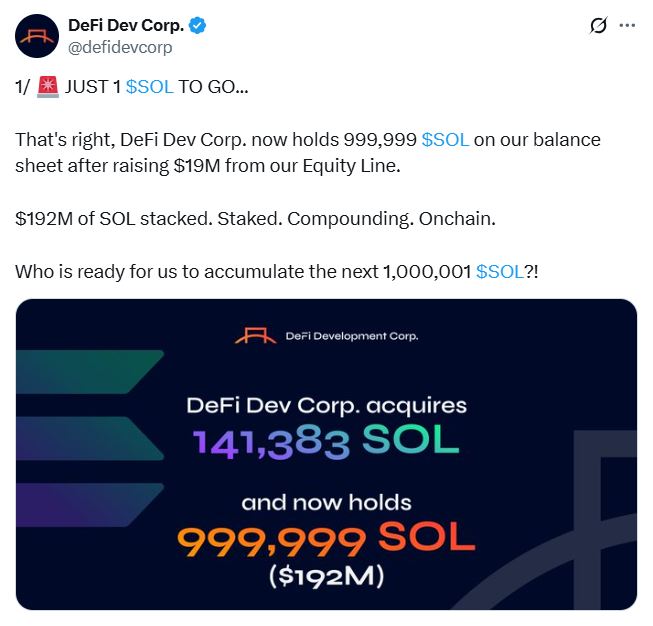 DeFi Development Corp Solana hazinesi 1 milyon SOL sınırına dayandı