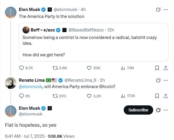 Elon Musk yeni kurduğu ‘Amerika Partisi’nin Bitcoin’i destekleyeceğini doğruladı