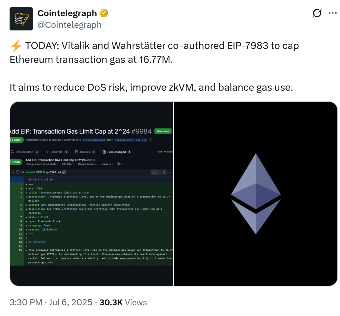 Vitalik Buterin’den Ethereum için işlem başına gas sınırı önerisi: EIP-7983