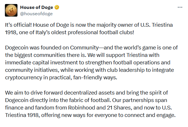 House of Doge, İtalyan futbol kulübü satın aldı
