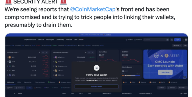 CoinMarketCap kötü amaçlı cüzdan dolandırıcılığını tespit edip kaldırdı